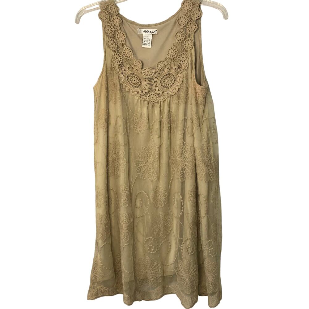 Size M Mini Taupe Lined Lace Sleeveless Scalloped Hem Shift Dress Pinky